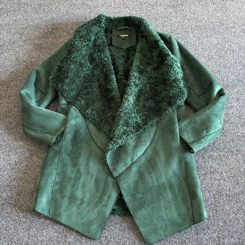 Twiggy London Womens Small Faux Suede Shearling Jacket Emerald Green Open Front
